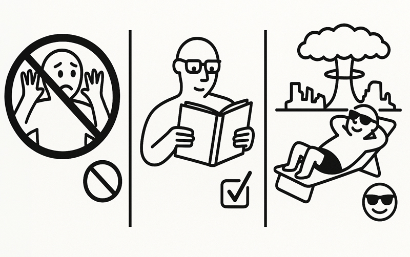 Don't panic; Read the book; Survive with style